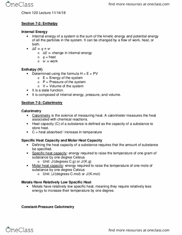 CHEM 120 Lecture Notes - Lecture 19: Heat Capacity, Enthalpy thumbnail