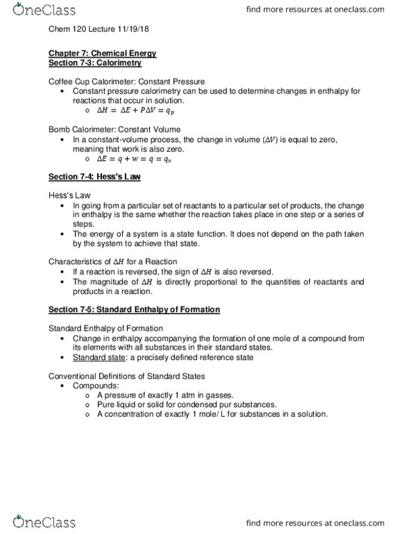 CHEM 120 Lecture Notes - Lecture 20: Calorimetry thumbnail