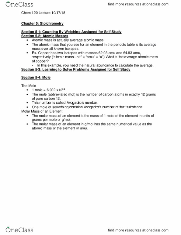 CHEM 120 Lecture Notes - Lecture 13: Molar Mass, Unified Atomic Mass Unit, Atomic Mass thumbnail