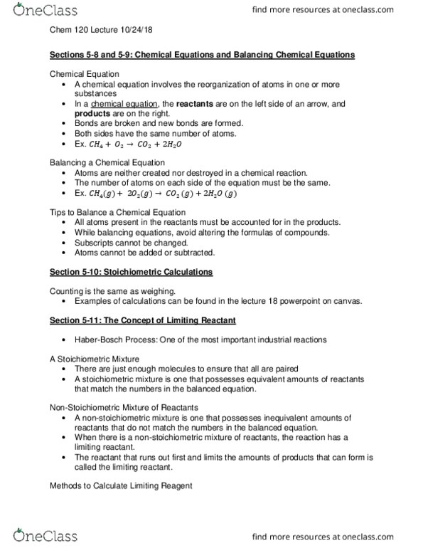 CHEM 120 Lecture Notes - Lecture 15: Non-Stoichiometric Compound, Limiting Reagent, Chemical Equation thumbnail