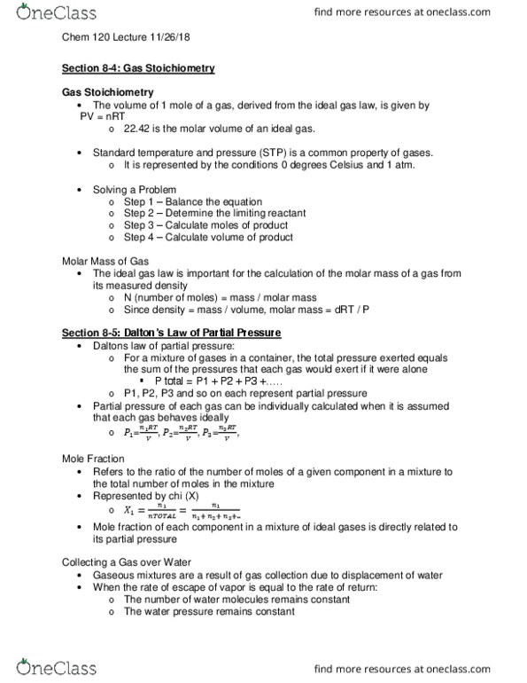 CHEM 120 Lecture Notes - Lecture 22: Ideal Gas Law, Mole Fraction, Molar Volume thumbnail