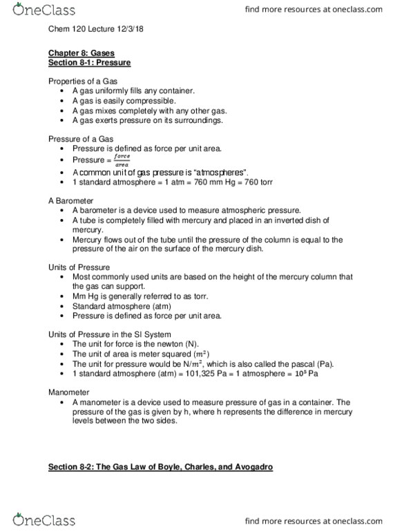 CHEM 120 Lecture Notes - Lecture 21: Atmosphere (Unit), Pressure Measurement, Barometer thumbnail