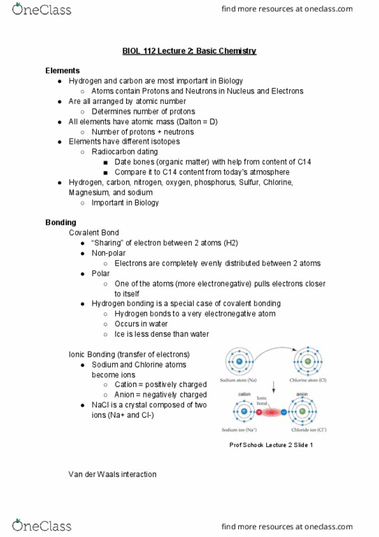 BIOL 112 Lecture Notes - Lecture 2: Covalent Bond, Hydrogen Bond, Chief Operating Officer cover image