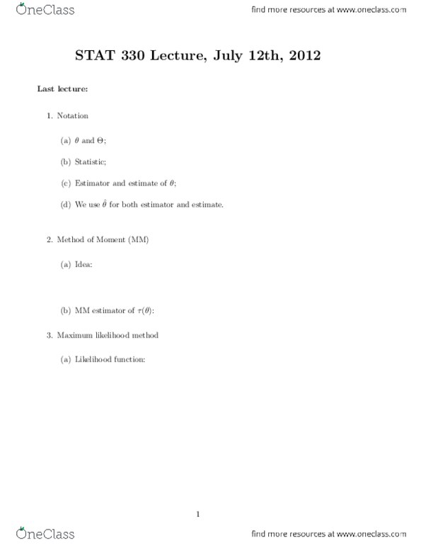 STAT330 Lecture Notes - The Algorithm, Logarithm, Likelihood Function thumbnail