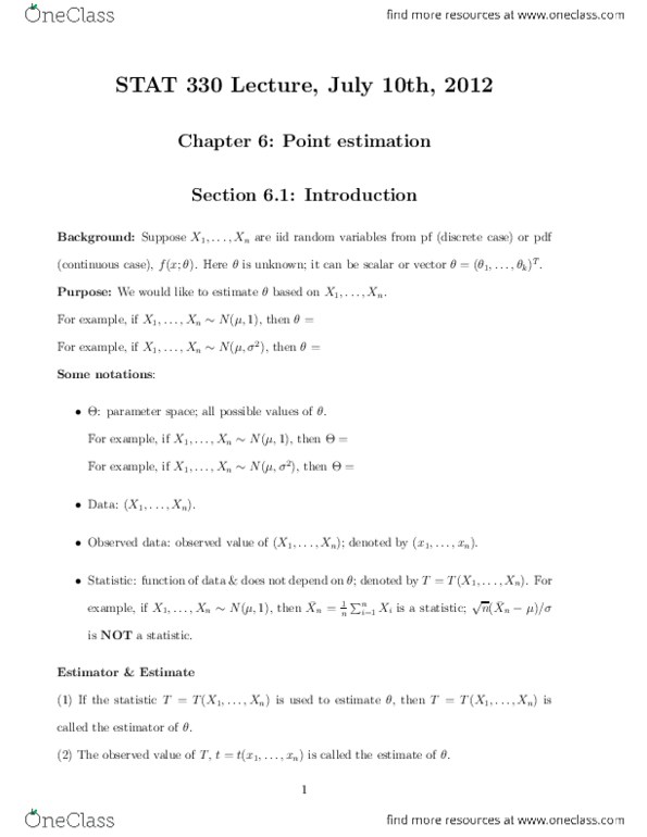STAT330 Lecture Notes - Point Estimation, Khat, Logarithm thumbnail