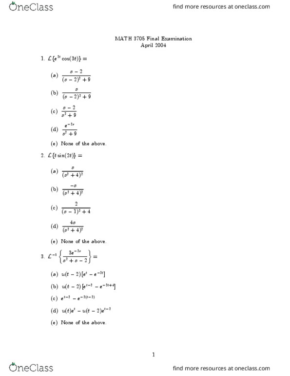 Math 3705 Study Guide Winter 19 Final Elementary Function Hit106 9 Newcastle Boundary Value Problem