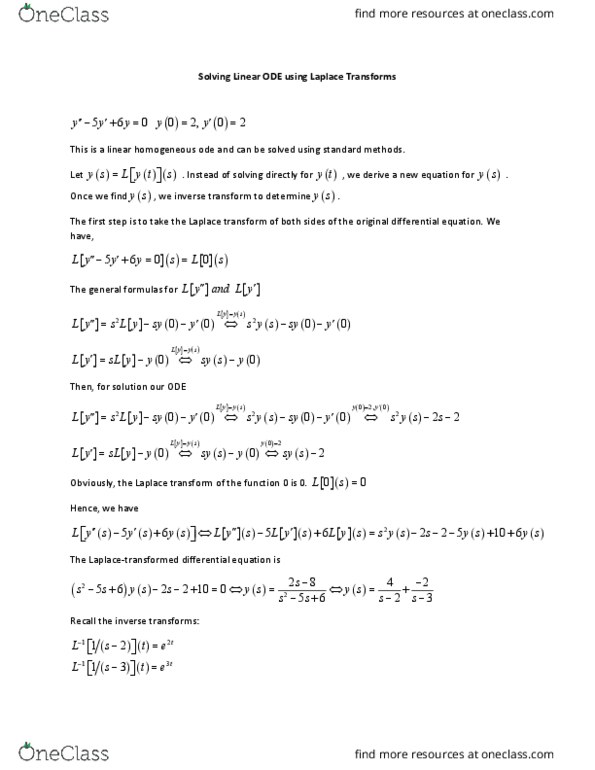 CH ENGR 102A Lecture 1: Solving Linear ODEs using Laplace Transforms thumbnail