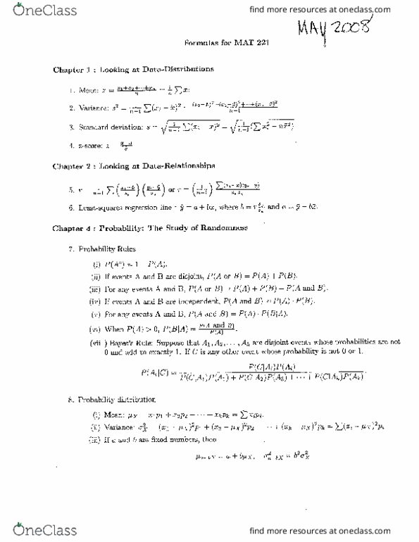 MAT 221 Midterm: MAT221Formulas-2008Spring - OneClass