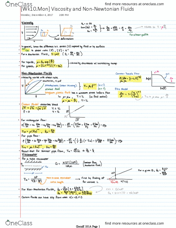 CH ENGR 101A Lecture Notes - Lecture 10: Viscosity, Viscometer thumbnail