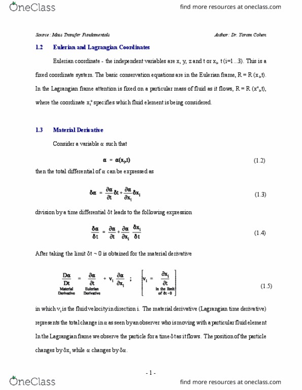 CH ENGR 101A Lecture Notes - Lecture 11: Lagrangian And Eulerian Specification Of The Flow Field, Material Derivative, Total Derivative thumbnail