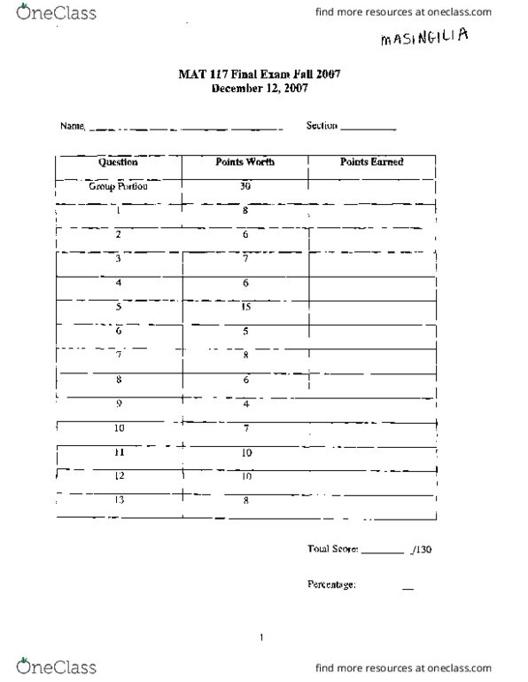 Mat 117 Study Guide Spring 2019 Midterm Natural Number