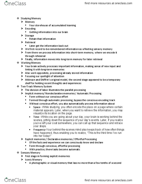 PSYC 1101 Chapter Notes - Chapter 7: Implicit Memory, Sensory Memory, Spaced thumbnail