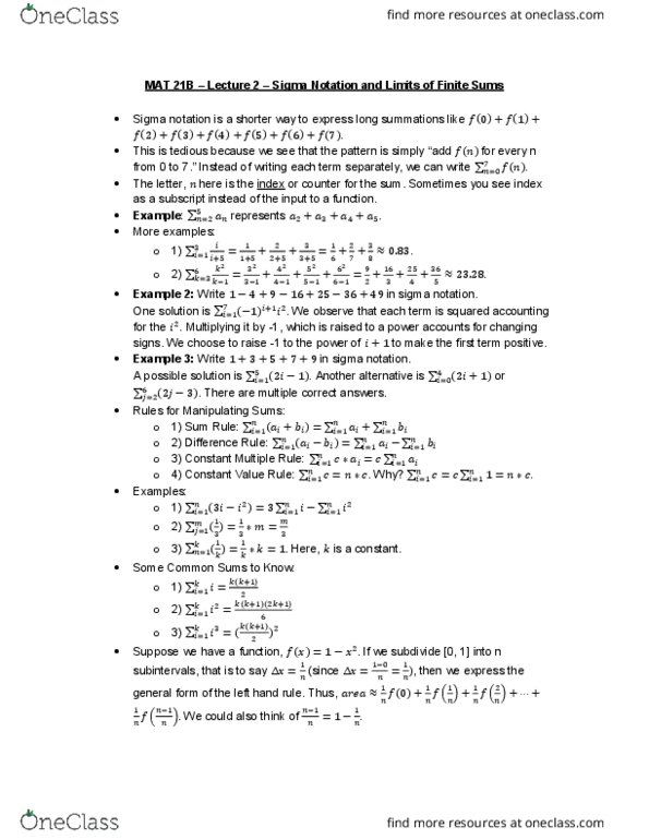 MAT 21B Lecture Notes - Lecture 2: Summation, Royal Institute Of Technology, Bounded Function cover image