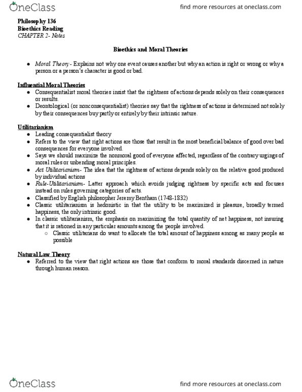 PHIL 136 Chapter Notes - Chapter 2: Jeremy Bentham, Act Utilitarianism, Consequentialism thumbnail