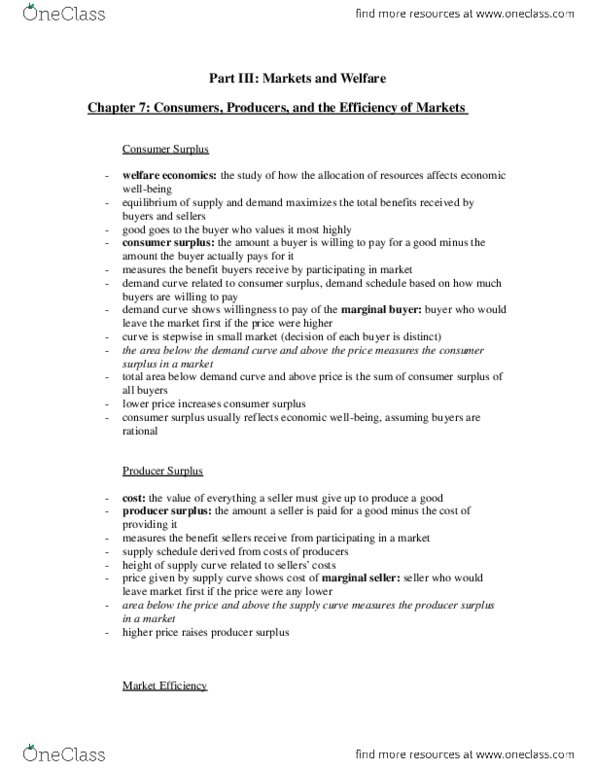 Economics 10a Chapter 7: Chapter 7 - Consumers, Producers, and the Efficiency of Markets thumbnail