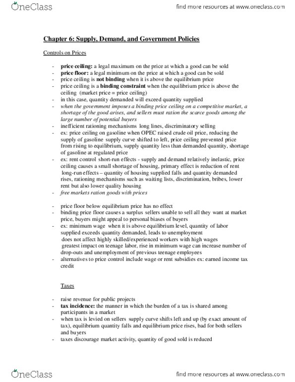 Economics 10a Chapter 6: Chapter 6 - Supply, Demand, and Government Policies thumbnail