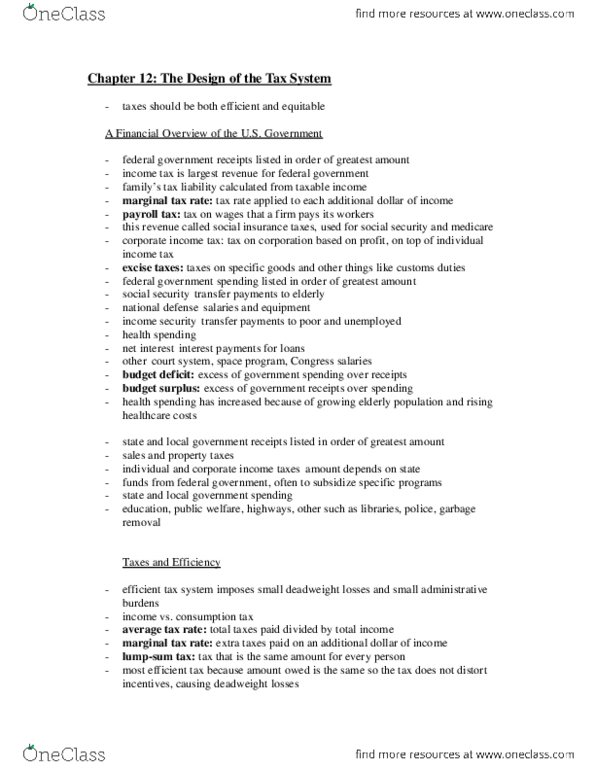 Economics 10a Chapter 12: Chapter 12 - The Design of the Tax System thumbnail