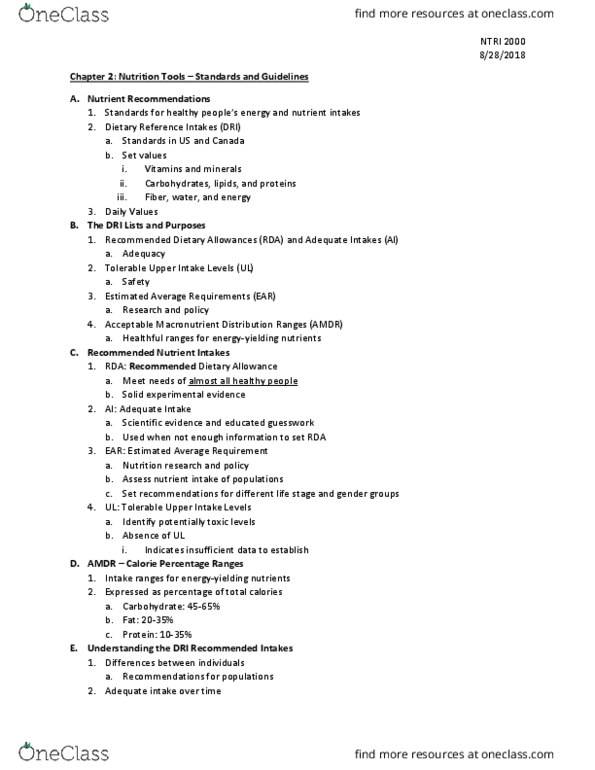 NTRI 2000 Lecture Notes - Lecture 2: Dietary Reference Intake, Spy-6, Nutrient thumbnail