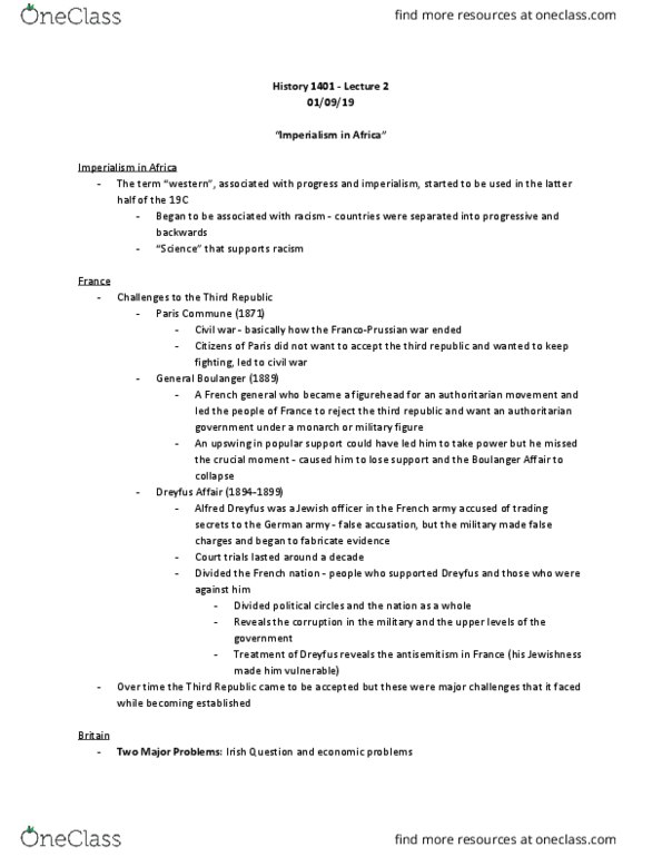 History 1401E Lecture Notes - Lecture 2: Georges Ernest Boulanger, Irish Question, Social Darwinism thumbnail