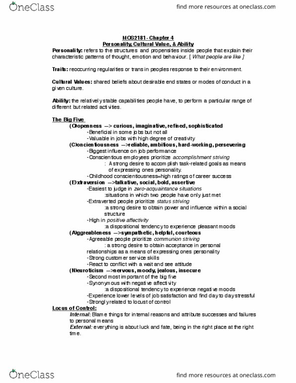 Management and Organizational Studies 2181A/B Chapter 4: CHAPTER RECAP thumbnail