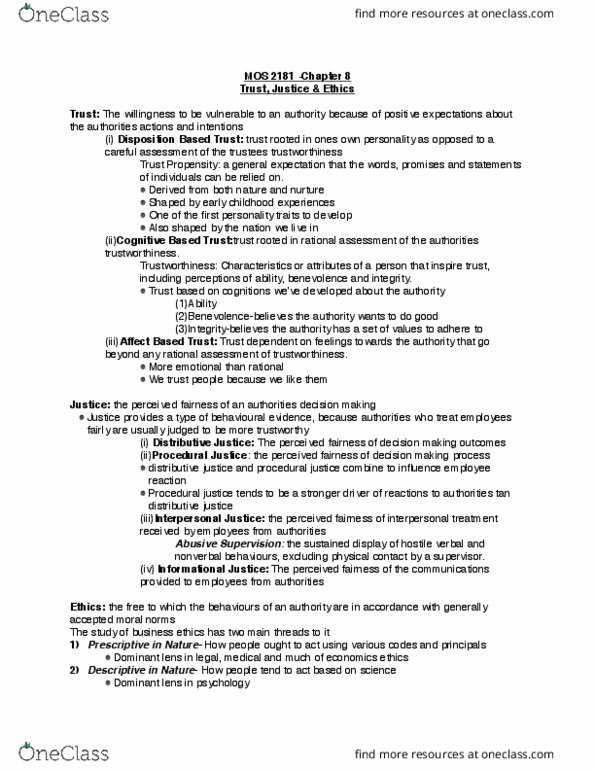 Management and Organizational Studies 2181A/B Chapter Notes - Chapter 8: Procedural Justice, Distributive Justice, Business Ethics thumbnail
