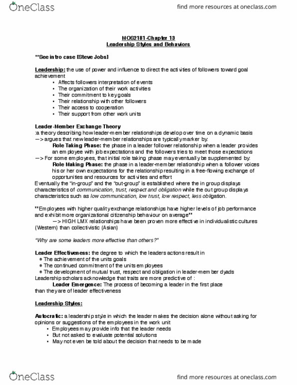 Management and Organizational Studies 2181A/B Chapter Notes - Chapter 13: Work Unit, Collectivism, Job Performance thumbnail