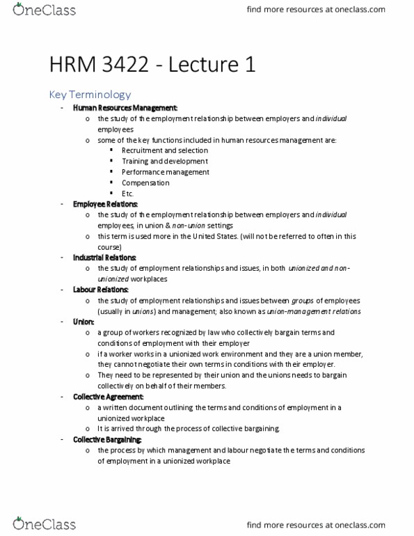 ADMS 3422 Lecture Notes - Lecture 1: Collective Bargaining, Performance Management, Conflict Resolution thumbnail
