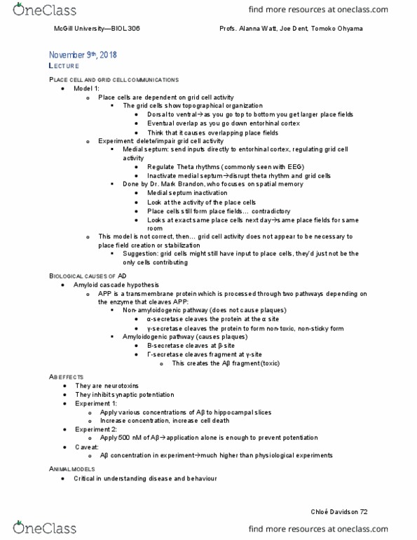 BIOL 306 Lecture Notes - Lecture 26: Amyloid Precursor Protein Secretase, Theta Wave, Grid Cell thumbnail