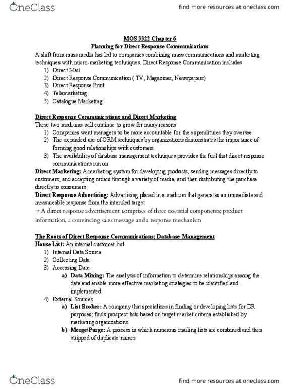 Management and Organizational Studies 3322F/G Chapter Notes - Chapter 6: Advertising Mail, Data Mining, Telemarketing thumbnail