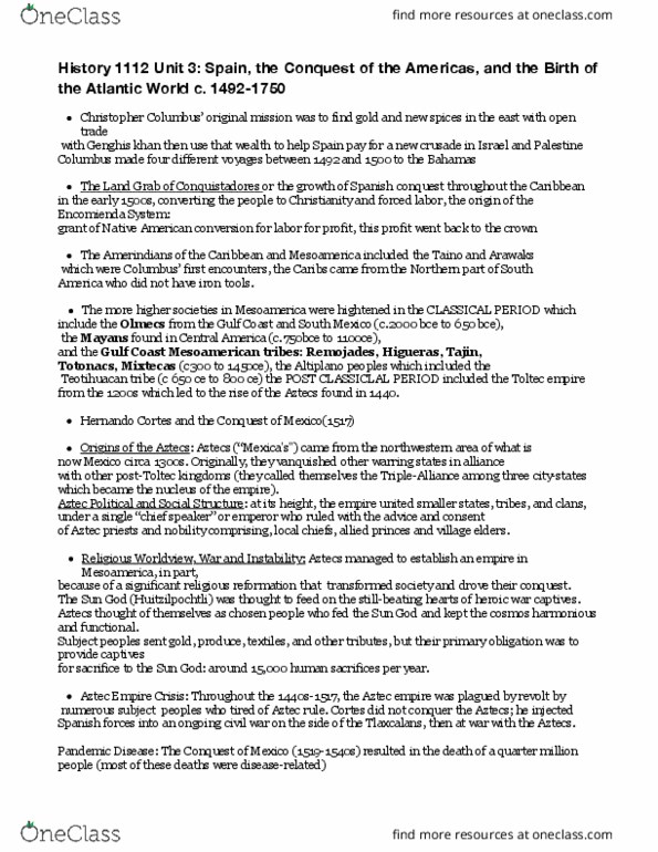 HIST 1112 Lecture 3: History 1112 Unit 3: Spain, the Conquest of the Americas, and the Birth of the Atlantic World c. 1492-1750 thumbnail