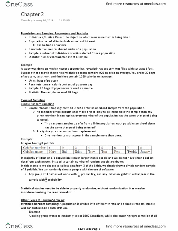 STAT 2040 Chapter Notes - Chapter 2: Simple Random Sample, Birth Weight, Cluster Sampling thumbnail