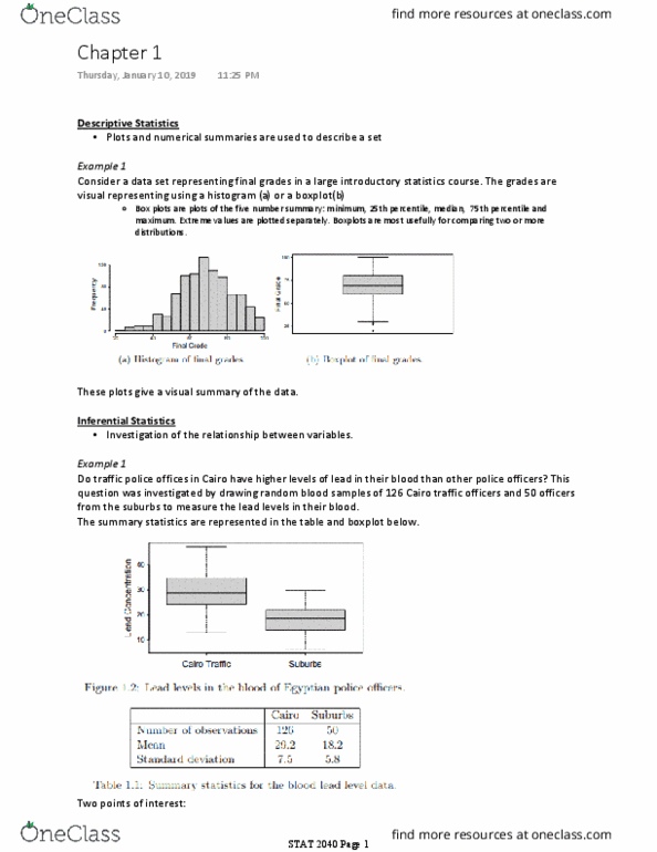 STAT 2040 Chapter Notes - Chapter 1: Blood Lead Level, Box Plot, Summary Statistics thumbnail