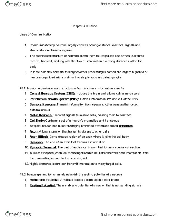 BIOL 117 Chapter Notes - Chapter 48: Central Nervous System, Axon Hillock, Peripheral Nervous System thumbnail