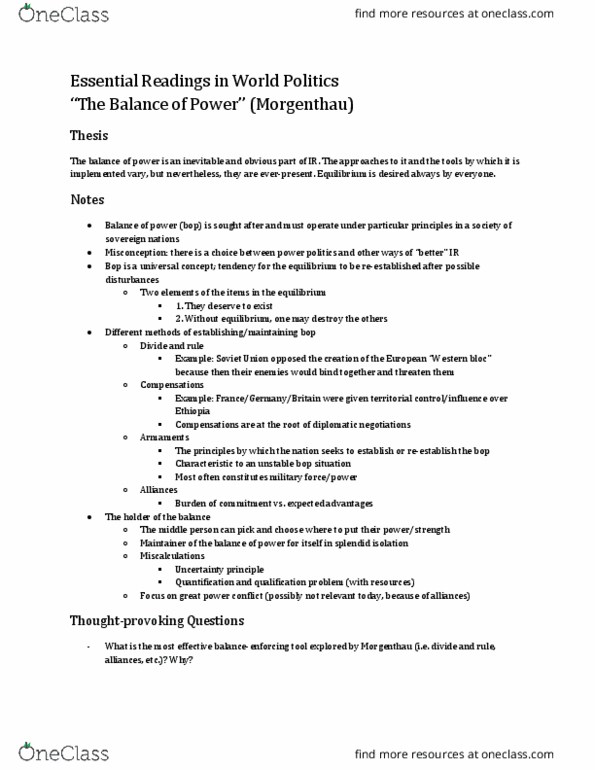 POLS 2940 Chapter 1: Balance of Power- Morgenthau summary thumbnail