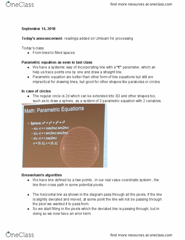 COMP 3490 Lecture Notes - Lecture 2: Parametric Equation, Rasterisation, Opengl thumbnail