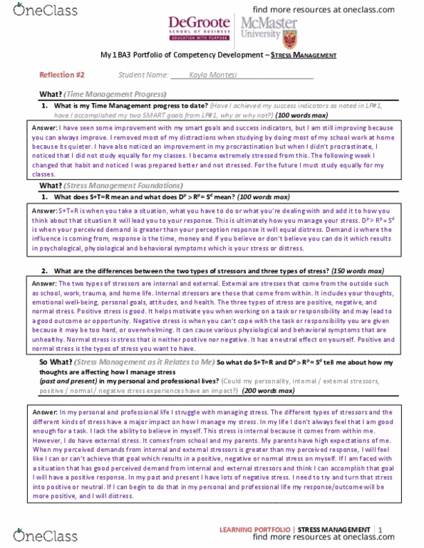 COMMERCE 1BA3 Study Guide Fall 2018, Quiz Stress (Mechanics)