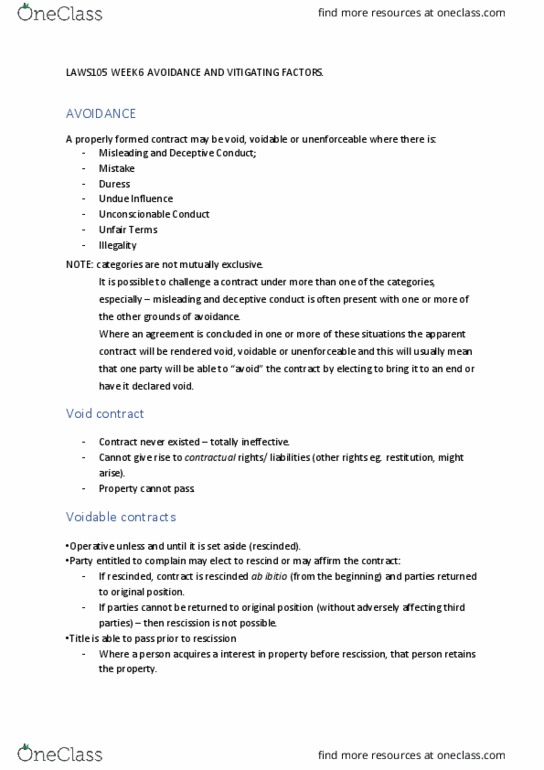 LAWS105 Lecture Notes - Lecture 6: Rescission, Federal Court Of Australia, Australian Consumer Law thumbnail