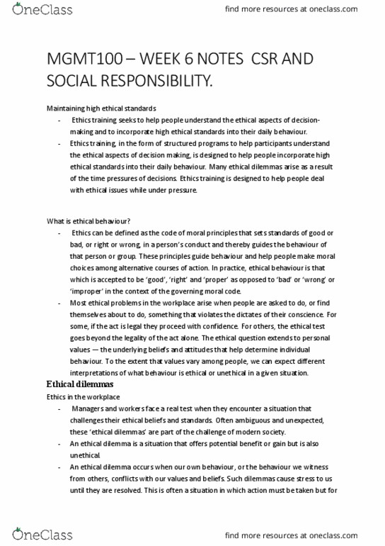 MGMT100 Lecture Notes - Lecture 6: Individualism, Corporate Social Responsibility thumbnail