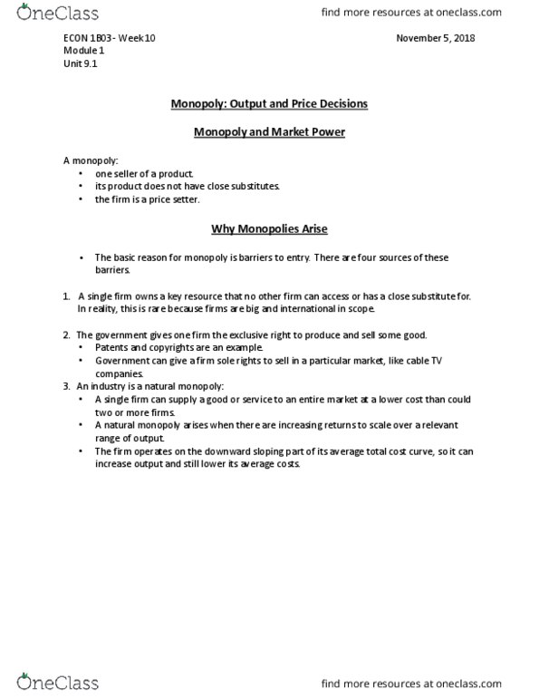 ECON 1B03 Lecture Notes - Lecture 1: Natural Monopoly, Market Power, Monopoly Profit thumbnail