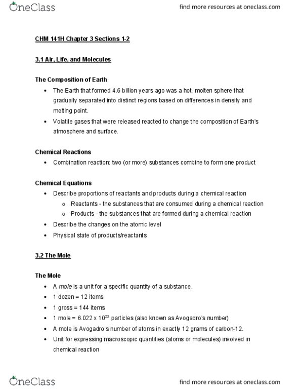 CHM 141H Lecture Notes - Lecture 8: Carbon-12, Chemical Equation, Isotopologue thumbnail