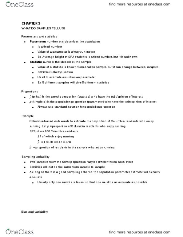 STAT 100 Lecture Notes - Lecture 3: Statistical Parameter, Confidence Interval, Umber thumbnail