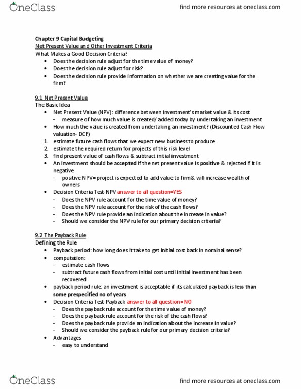 HTA 602 Lecture Notes - Lecture 9: Net Present Value, Payback Period, Cash Flow thumbnail