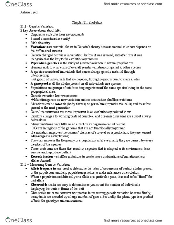 BIOL 1020U Lecture Notes - Lecture 1: Allele Frequency, Genetic Variation, Genotype Frequency thumbnail