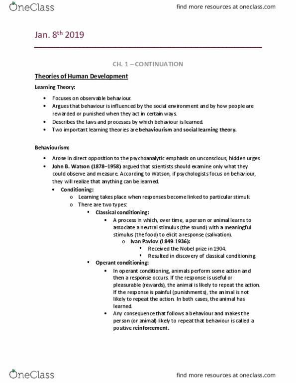 PSYO 220 Lecture Notes - Lecture 2: Social Learning Theory, Classical Conditioning, Operant Conditioning thumbnail