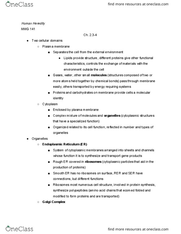 MMG 141 Chapter Notes - Chapter 2: Cell Cycle, Cell Membrane, Organelle thumbnail