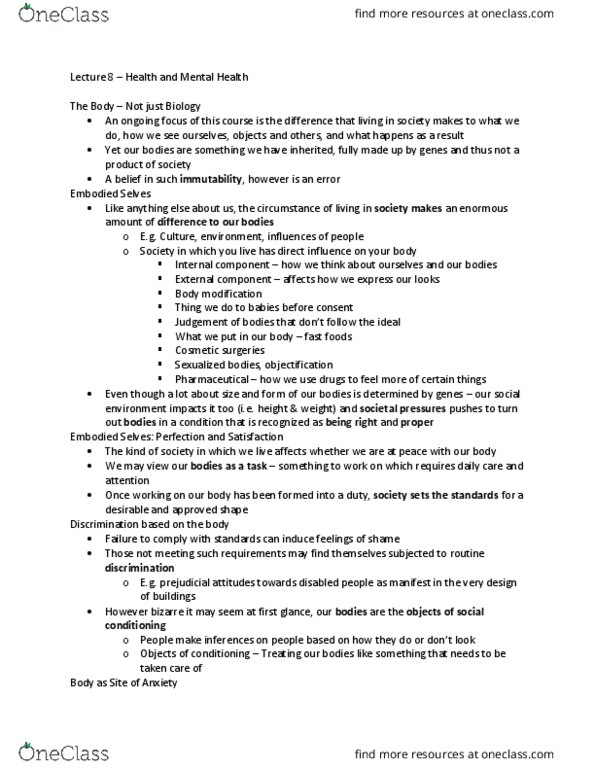 SOC100H1 Lecture Notes - Lecture 8: Body Modification, American Psychiatric Association, Invisible Disability thumbnail