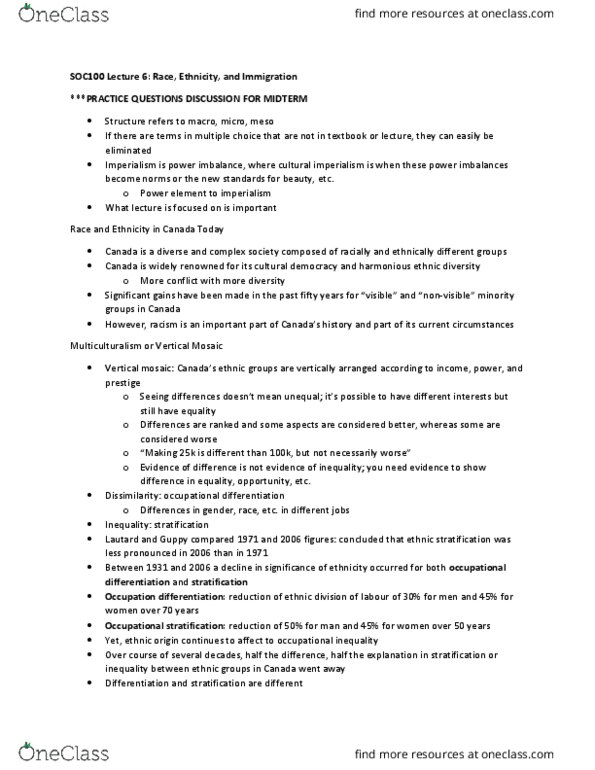 SOC100H1 Lecture 6: SOC100 Lecture 6 Race Ethnicity thumbnail
