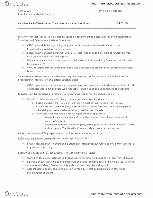 CMN 1160 Lecture Notes - Lecture 2: Multichannel Video Programming Distributor, Air Sports, Itu Radio Regulations thumbnail