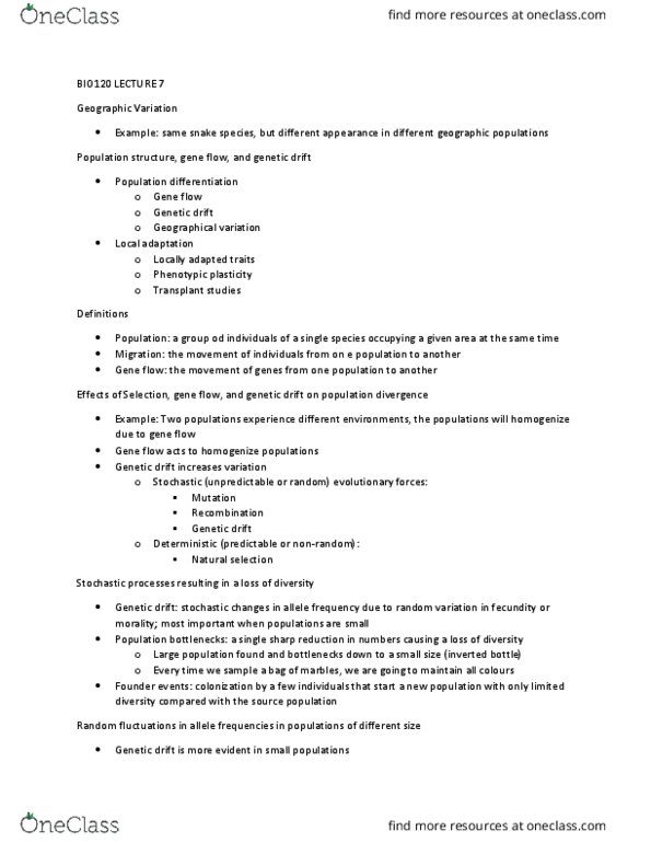 BIO120H1 Lecture Notes - Lecture 7: Genetic Drift, Founder Effect, Allele Frequency thumbnail