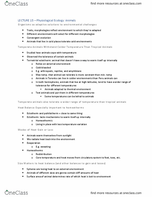 BIO120H1 Lecture Notes - Lecture 15: Ectotherm, Poikilotherm, Convergent Evolution thumbnail